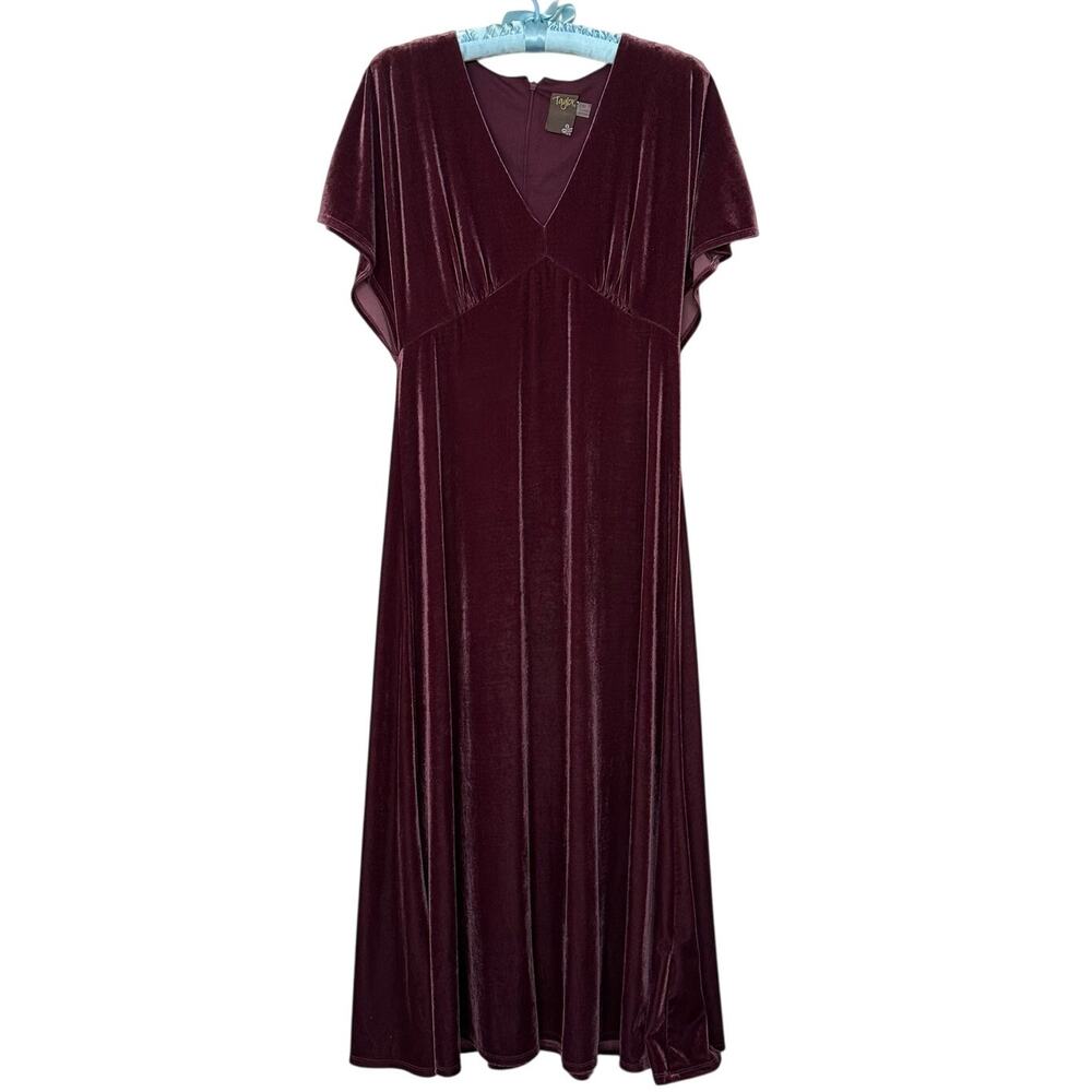 Taylor Sz 10 Midi Dress womens Purple Plum Velvet Empire Waist Flutter Sleeves